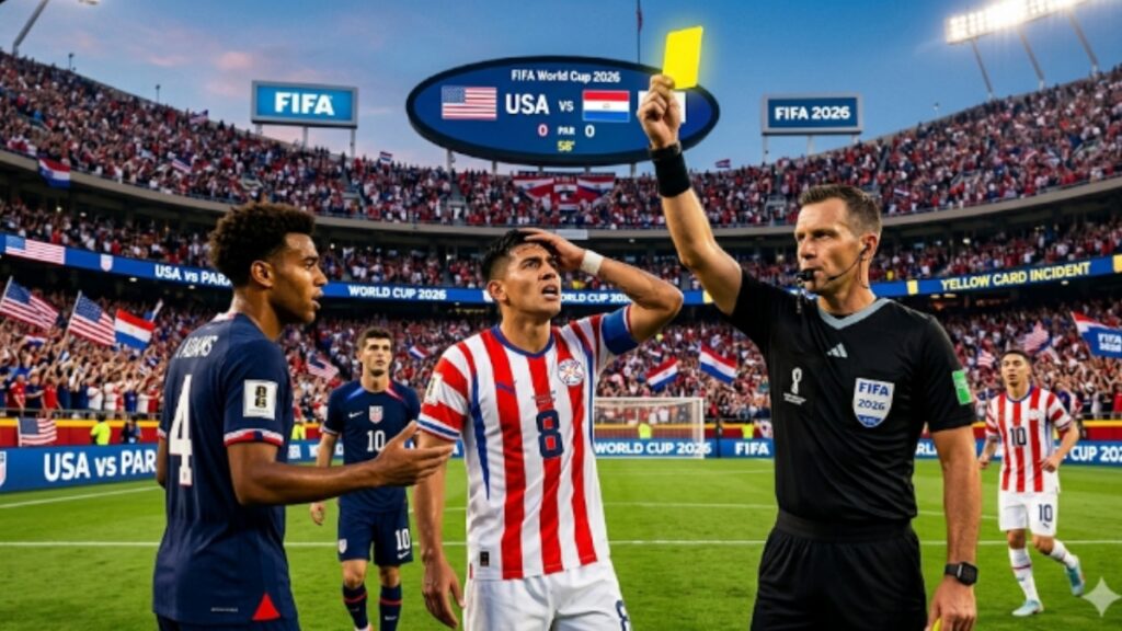 USA and Paraguay players in a World Cup 2026 match focusing on yellow card and discipline analysis
